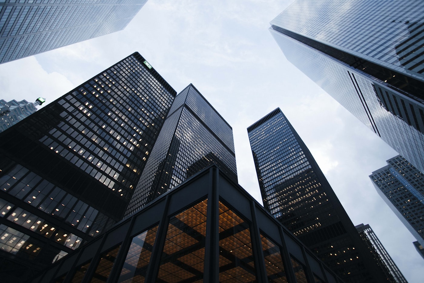 Architectural towers photographed from below